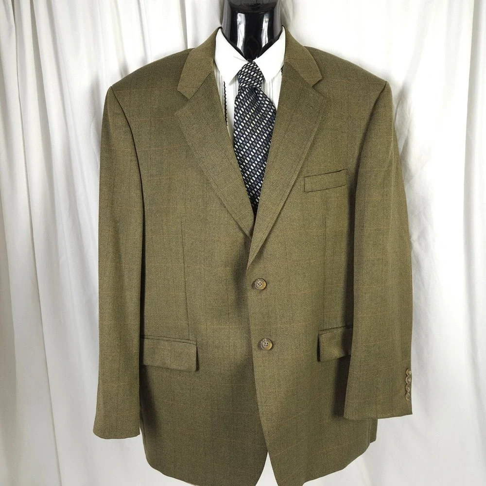 Chaps Ralph Lauren Men's Khaki Windowpane Wool Sport Coat‎ 46R Vintage
